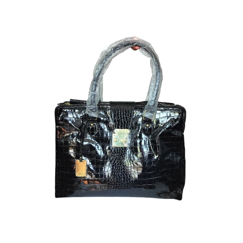 Oriflame Sweden Black Crocodile-Embossed Satchel with Metallic Accents NWOT